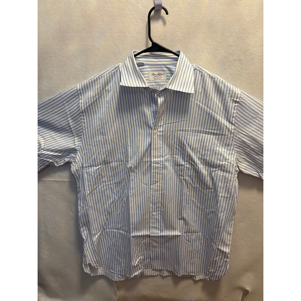 Ben Silver Charleston Fine Shirtings Blue Stripe long Button Up Men 17.5 35